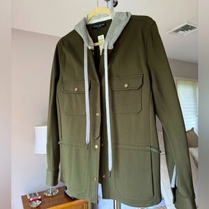Central Park West Olive Green Jacket with Gray Sweatshirt Hoodie